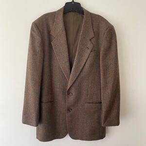 Vintage Wool Plaid Blazer Jacket 50L Brown Check Classic Old Money Preppy